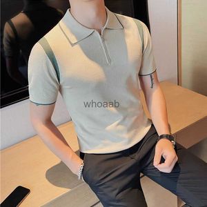 Camisas de vestido masculinas verão novo masculino tricô de manga curta polo camisa de seda gelo respirável negócios moda tees roupas de marca masculina S-4XL yq230926