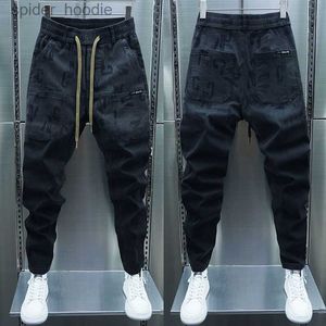 Herr jeans svarta last jeans mager harem byxor utomhus slimlinj jogger tröjor bokstäver utskrift av hög kvalitet streetwear märke kläder l230927