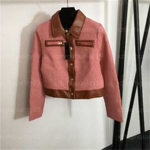 Designers jaquetas mulheres casaco moda retalhos de couro lapela carta jacquard manga comprida luxo senhora casaco designer jaqueta mulheres tops rosa