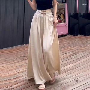 Ethnic Clothing 2023 Chinese Style Buckle Black Satin Wide Leg Pants Women's Loose High Waisted Draping Floor Skirt Daily Oriental