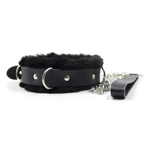 Chokers Woogge Adjustable Black Real Leather Neck Collar with Chain Leash Faux Fur Lined D Choker Necklace Animal Pet Accessories 230927