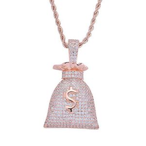 Iced out CZ Bling Dollar Sign Money Bag Pendant Necklace Mens Micro Pave Cubic Zirconia Gold Silver Rose Gold Necklace294p