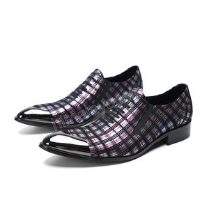 통기성 격자 무늬 진짜 가죽 남자 드레스 슈즈 슬리버 금속 발가락 사무실 공식 로퍼 zapatos para hombres