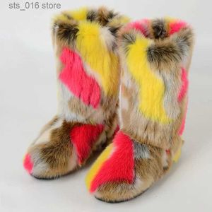 Buty kobiety buty śniegowe 2023 buty zimowe żeńskie środkowe cielę puszyste furne faux lis włosy ciepłe buty narciarskie panie ślizgowe na kolorowych butach śniegu T230927