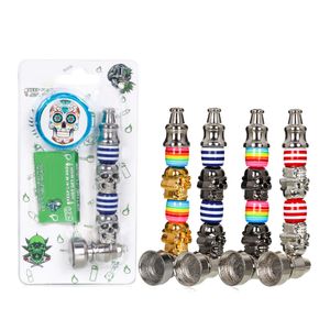 Metal Smoking Hand Pipes set Kit with Grinder and Filter Mesh Screen 4 Colors Skull Style Blister Pack Pocket Portable Pipe