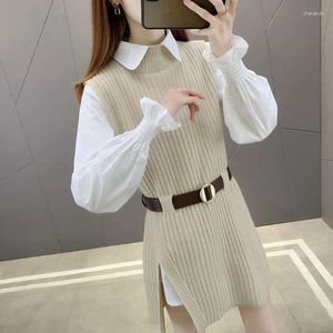 Work Dresses Women Autumn Print Casual Shirts And Sleeveless Pocket Knitted Vest Ladies Dress Loose T Shirt Fashion Outfits G580