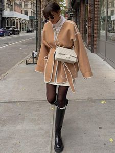Женская полушерстяная куртка осень-зима женская элегантное шерстяное длинное пальто женское повседневное на шнуровке с глубоким v-образным вырезом женская свободная верхняя одежда с карманами 230926