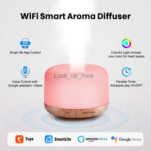 加湿器Tuya wifiスマートエア加湿器エッセンシャルアロマオイルディフューザー超音波500ml木製穀物空気加湿器ミストメーカー7 LED Colors YQ230927