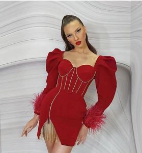 Vestidos casuais 2023 inverno cor vermelha mulheres manga longa sexy colarinho quadrado bodycon mini vestido penas sereia celebrar roupa de festa
