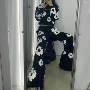 Vintage Three-dimensional Foam Printed Flare Joggers Haruku Embroidered Wide Sweatpants Men's and Women's Micro Flared Pants