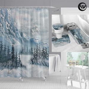 Shower Curtains High Quality Curtain Bath Mat Set Printed Winter Snow Mountain Landscape Bathroom Toilet Rugs Home Decor221Z