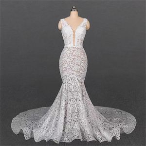 Dreams Mermaid Wedding Dress Lace Sexy Backless Double Shoulder V-neck Large Tail Slim Fit MY8066