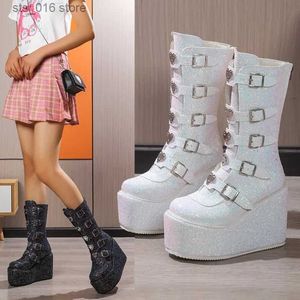 Boots Brand Dropship Plus Size Black Gothic Vampire Halloween Cosplay Punk Buckle Street Platform Wedge High Heel Boots Women Shoes T230927