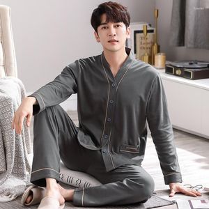 Men's Sleepwear Men Pajamas Suit Long Sleeved Pure Cotton Simple Casual Cardigan V-neck Homewear Set All Plus Size Breathable Autumn