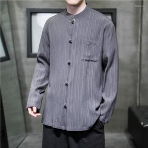 Abbigliamento etnico 2023 Autunno girocollo Camicia a maniche lunghe a righe da uomo Giacca tradizionale cinese Tang Suit Hanfu Casual Colletto rialzato allentato