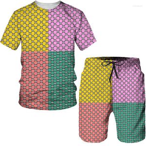 Herrspårar 2023 Summer 3D Print Tees/Shorts/Set Vintage Color Block Patchwork Kort ärm T-shirt Casual Hip Hop Couple Sports Suit