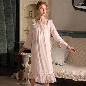 Mulheres sleepwear primavera outono vintage malha noite vestido mulheres doce gola quadrada manga cheia nightdress rosa longo camisola princesa