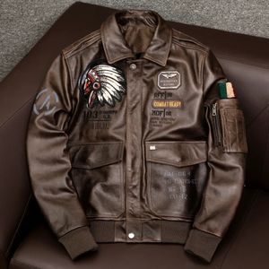 Herrläderfaux 2023 Air Force Flight A2 Pilot Indian Cow Motorcykel Brown Jacket 100 Cowhide Bomber Male Clothing 230927