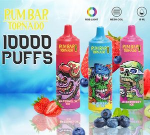 Orijinal Rum Bar Tornado 10000 Puflar 10K Tek Kullanımlık E Sigara, 20ml Önceden Pod Büyük Buhar Kapasitesi 600mAh Pil Şarj Edilebilir Mini Parlayan Vape Kalem