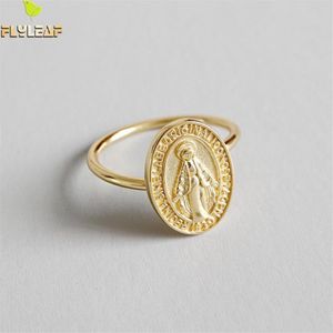 FlyLeaf Gold Virgin Mary Round Brand Open Rings for Women High Quality 100% 925 Sterling Silver Lady Religion Jewelry216p