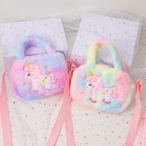 Kvällspåsar Little Girl Sweet Plush Unicorn Purse Baby Girl Fluffy Shoulder Bag Kids Handväska Furry Crossbody Bags for Girls 230927