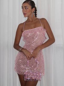 Casual Dresses Fantoye Sexy Sequins Sparkling Women Dress Pink Backless Spaghetti Strap Mini Femme Skinny Elegant Party Clubwear Vestidos