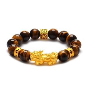 Natural olho de tigre contas pulseira banhado a ouro 3d pixiu pulseira chinês feng shui masculino e feminino jóias3395