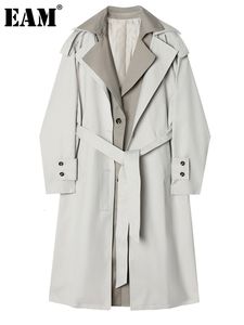 Trench da donna EAM Donna Grigio Color-block Trench di grandi dimensioni Risvolto Manica lunga Vestibilità ampia Giacca a vento Moda Primavera Autunno 1DE6476 230926