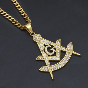 Pendant Necklaces Hip Hop Bling Iced Out Rhinestones Gold Stainless Steel Masonic masonry Necklace For Men Rapper Jewelry185k