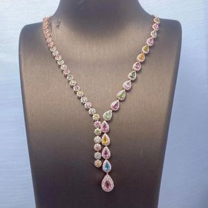 Choker Luxury Colorful Tourmaline Zircon Necklaces For Women Geometric Y-shaped Long Necklace Evening Dress Wedding Jewelry