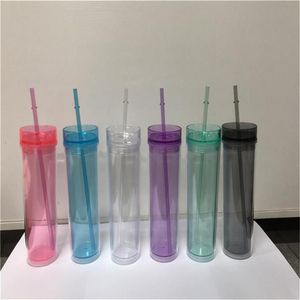 Copo acrílico magro de 16 onças, parede dupla, copo de plástico transparente com tampa e canudo, utensílios para beber reutilizáveis para festa v012096