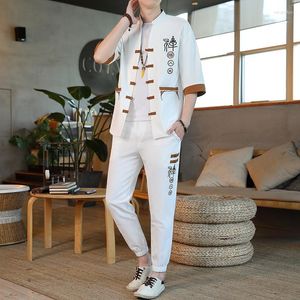 Etniska kläder Mens bomull och linne avslappnad skjorta Summer kinesisk stil skiva Retro Fem-punktshylsa Hanfu stativ krage tang kostym