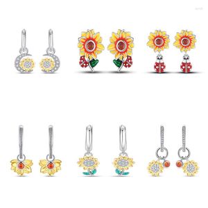 Stud Earrings 925 Sterling Silver Golden Sunflowers Pave CZ Orange Zircon Jewelry For Friend Sparkling Hoop