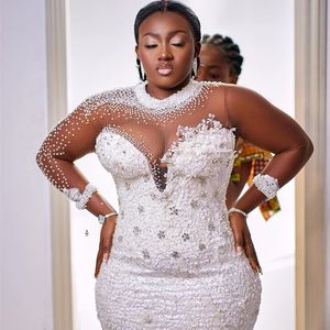 2023 Oct Arabic Aso Ebi Plus Size Lace Mermaid Wedding Dress Beaded Crystals Vintage Bridal Gowns Dress ZJ303