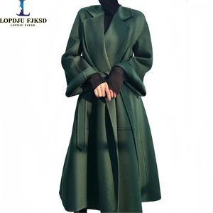 Женское двубортное длинное кашемировое пальто из полушерсти 100, классическое пальто, толстое двустороннее пальто высокого качества, осень-зима 230926