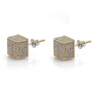 Mens Earrings Micro Pave Square CZ Gold Plated Iced Out Diamond Bling Stud Earings247O