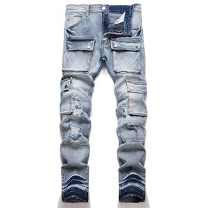 Herren Jeans Neue High Street Fashion Marke Cargo Hosen Denim Jeans Zerrissene Männer Vintage Motorrad Reiten Perforierte Multi Tasche Bleistift Hosen 230927