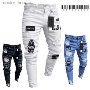 Men's Jeans new White Embroidery Jeans Men Cotton Stretchy Ripped Skinny Jeans High Quality Hip Hop Black Hole Slim Fit Oversize Denim Pants L230927