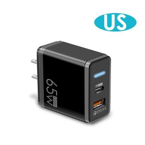 PD 65W Fast Charging Phone Charger 5V 5A US EU and UK Plug PD USB Multi port Charging Head Led Light Adapter
