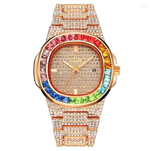 Wristwatches PINTIME Wristwatch Male Iced Out Golden Dial Clock Quartz Watch Men Luxury Full Diamond Hip Hop Rose Gold Rhinestone Watches