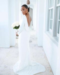 Sexy praia vestido de casamento macio cetim vestidos de noiva colher pescoço mangas compridas aberto volta trem varredura árabe boho vestidos de noiva 2024 africano