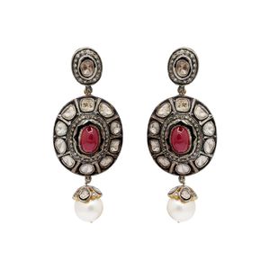 Äkta Ruby Pearl Polki Diamond Drop Earring för kvinnor 925 Sterling Silverörhängen Brud Jewelry Christmas Gift till henne