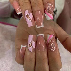 False Nails Gold Glitter Powder Pink Love Heart Wearable Nail Art Nude Color Detachable Ballet Finished Press On Wholsale