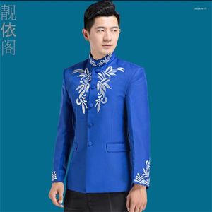 Ternos masculinos bordados blazer homens vestido formal mais recente casaco calça projetos terno traje chinês túnica casamento para