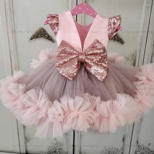 Kız elbiseler sevimli pembe özelleştir büyük yay bebek elbise dantel aplike tutu bebek ilk doğum günü prenses çiçek