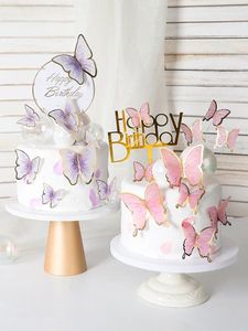 Zapasy imprezy Pink Butterfly Cake Toppers Cupcake Happy Birthday Topper Girls Dekoracje damskie