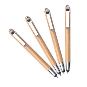 Penne a sfera 100 Pz / lotto Penna a pressione Strumento di scrittura in legno di bambù 2 in 1 con tocco dello stilo 230927
