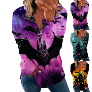 Women's Hoodies Bat Print Zipper Lapel Casual Long Sleeve Sweatshirt Top Front Pocket Hoodie Women