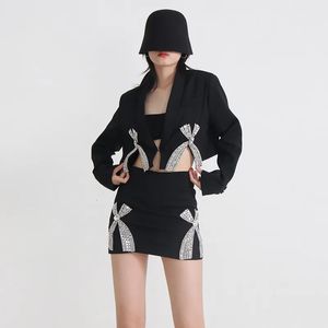 Two Piece Dress Suit Rhinestone Patchwork Bow Long Sleeve Split Blazers For Women Bow Black Slim Short Bodycon Skirt Women 230927