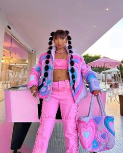 Kvinnorjackor Streetwear Rainbow Love Print Winter Warm Jacket Women Outfits Långärmad dragkedja Tjock Bubble Coats Chamarras Outwears